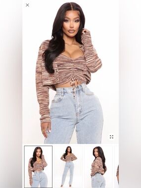 Fashion Nova Brown Multi-Tone Ruched Drawstring Crop Top & Cardigan Set